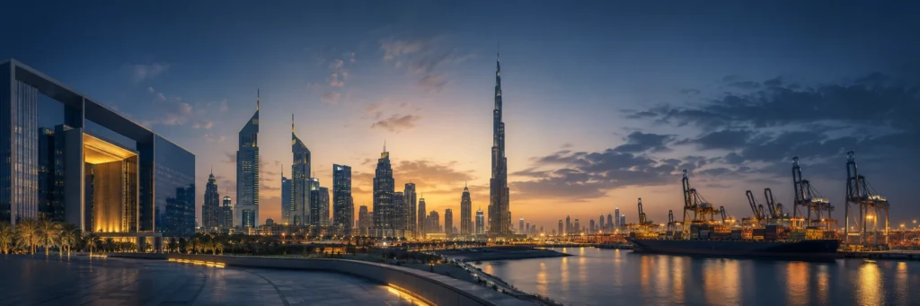 City_skyline_at_dusk_with_harbor